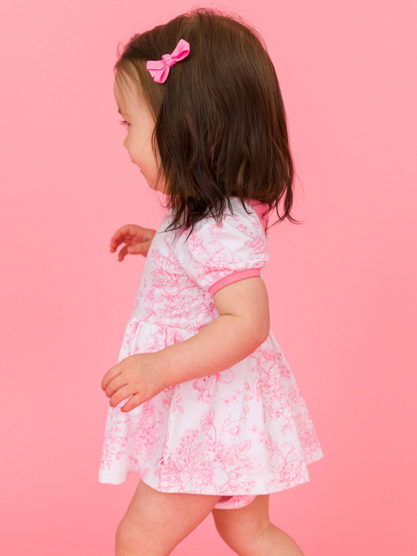 Bubblegum Pink Butterfly Garden Toile Short Sleeve Bow Twirl Romper