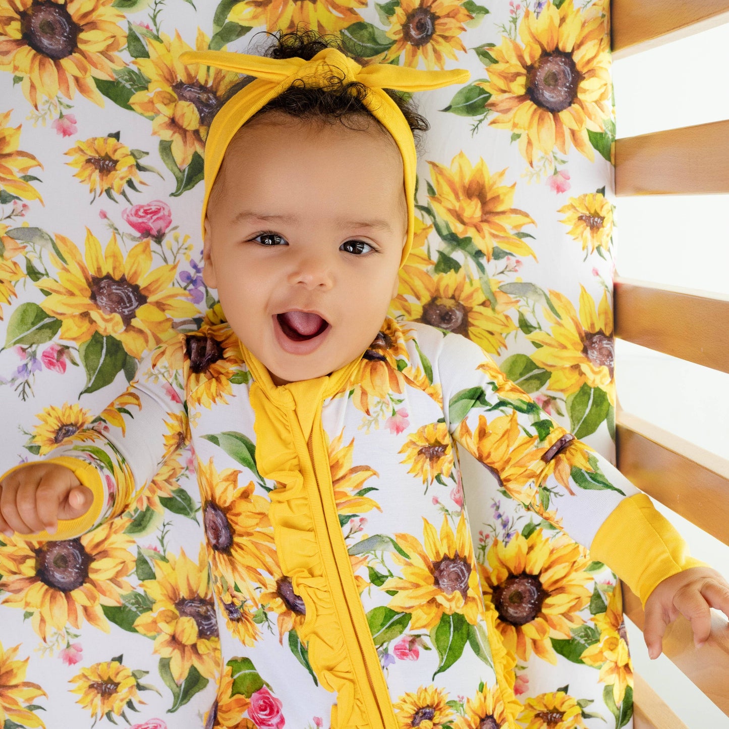 Suns and Roses (Sunflowers) Ruffle Baby Bamboo Zipper Romper Pajamas