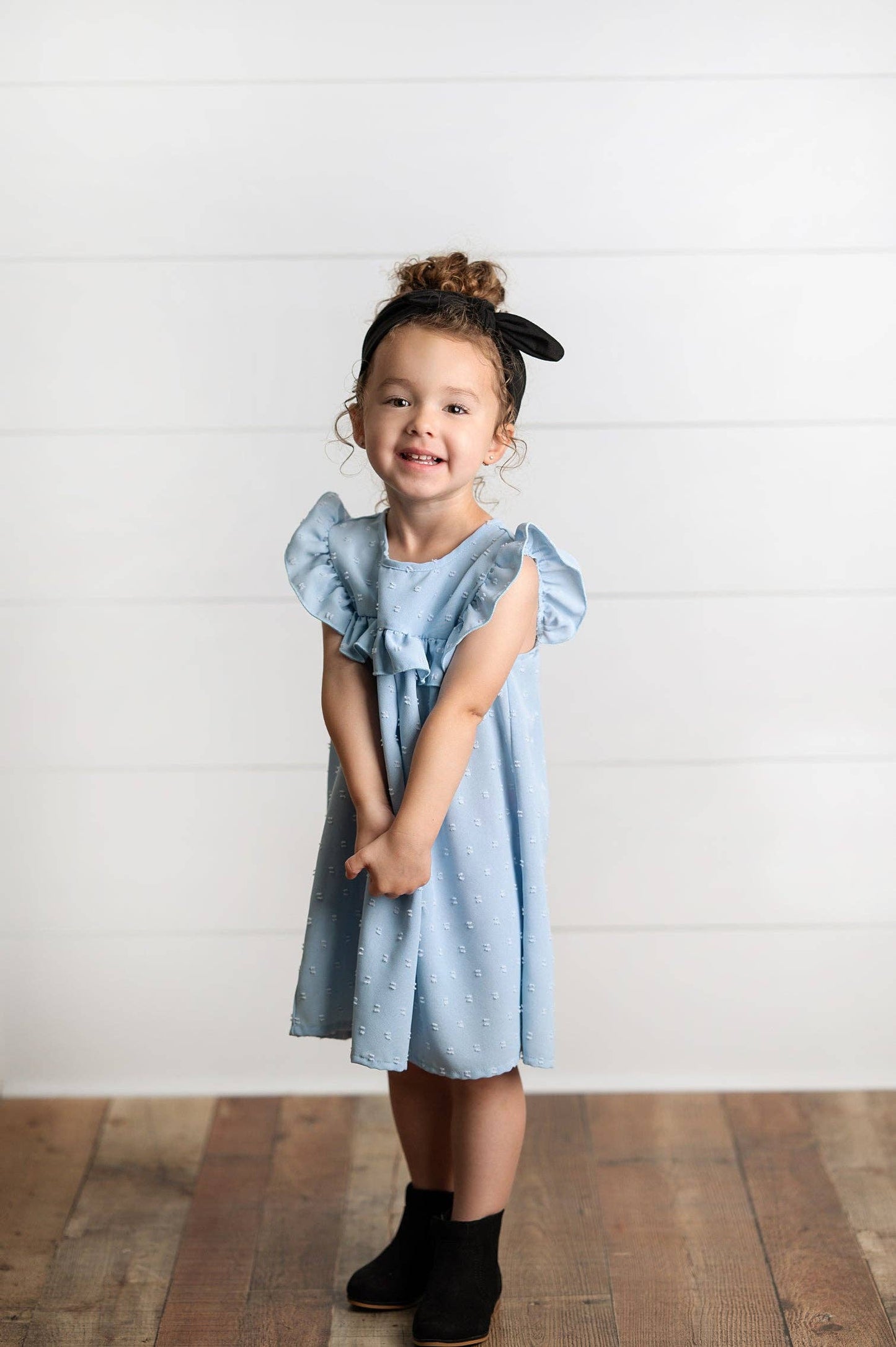 Dusty Blue Ruffle Bib Swiss Dot Dress
