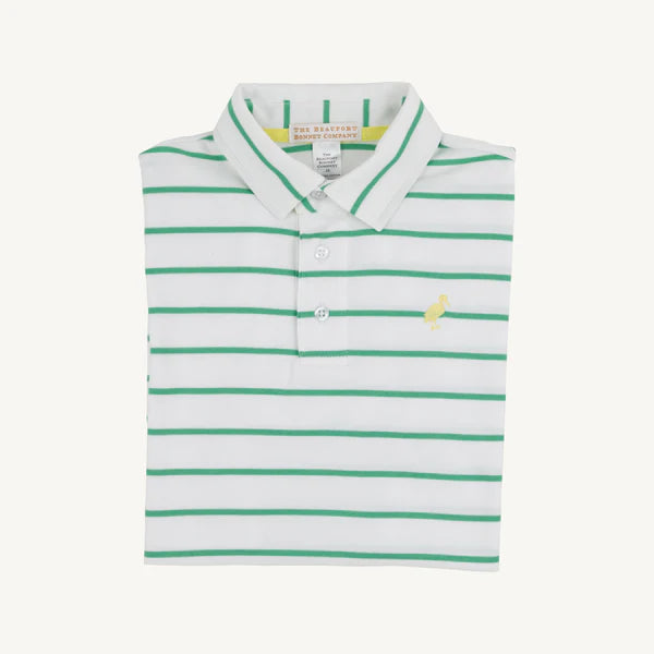 TBBC | Prim & Proper Polo - Gibson Island Green Stripe with Lake Worth Yellow Stork