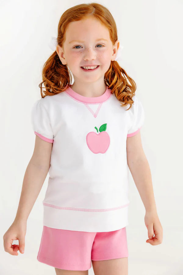 TBBC | Short Puff Sleeve Cassidy Comfy Crewneck - Worth Avenue White & Hamptons Hot Pink with Apple Applique