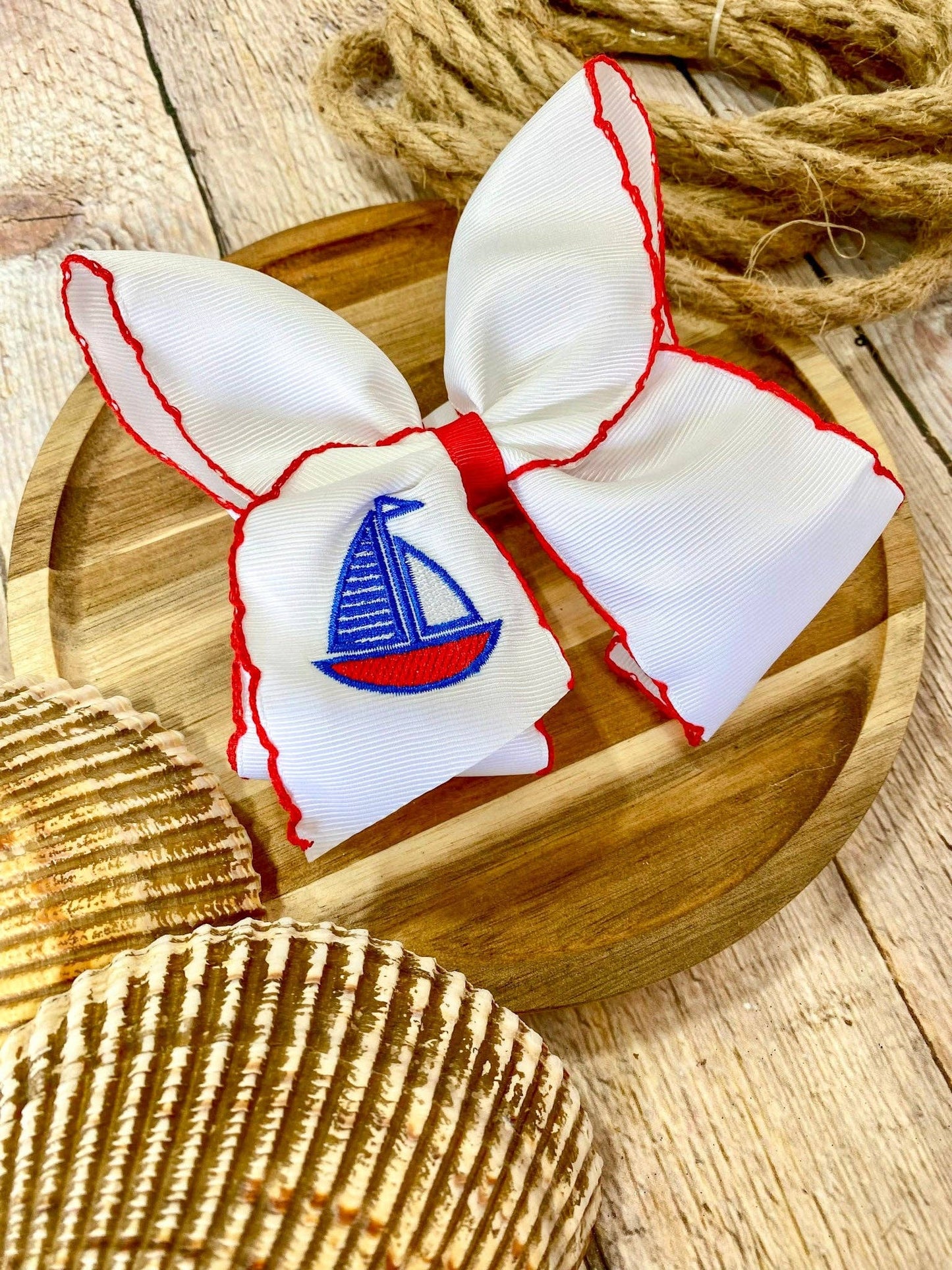 Sailboat Embroidered Classic Hair Bow