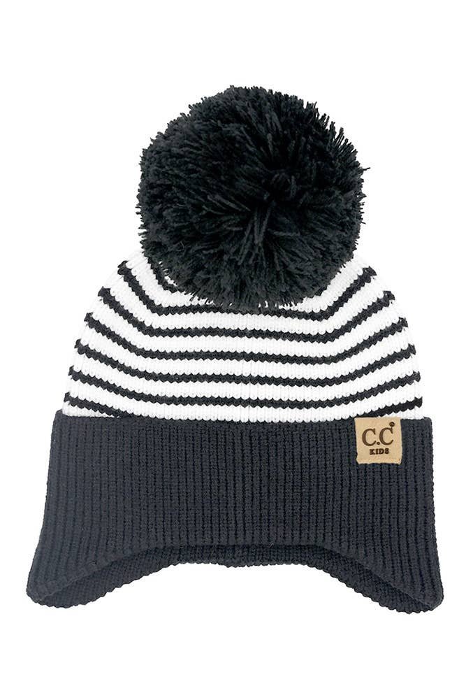 C.C Kids Stripe Earflap Yarn Pom Beanie Winter Hat