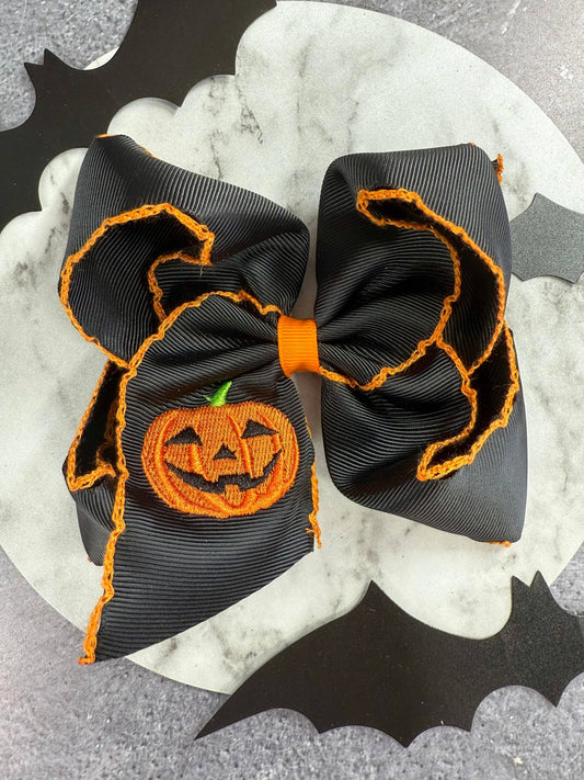 Jack-o-Lantern Embroidered Moonstitch Hair Bow - Alligator Clip
