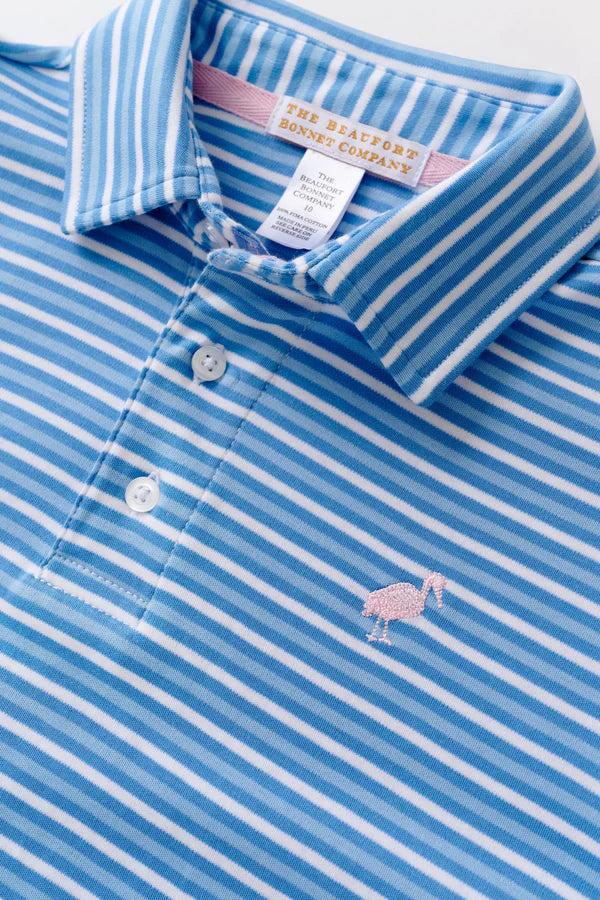 TBBC | Prim & Proper Polo & Onesie - Sumner County Stripe (Sunrise Blvd. Blue) with Palm Beach Pink Stork