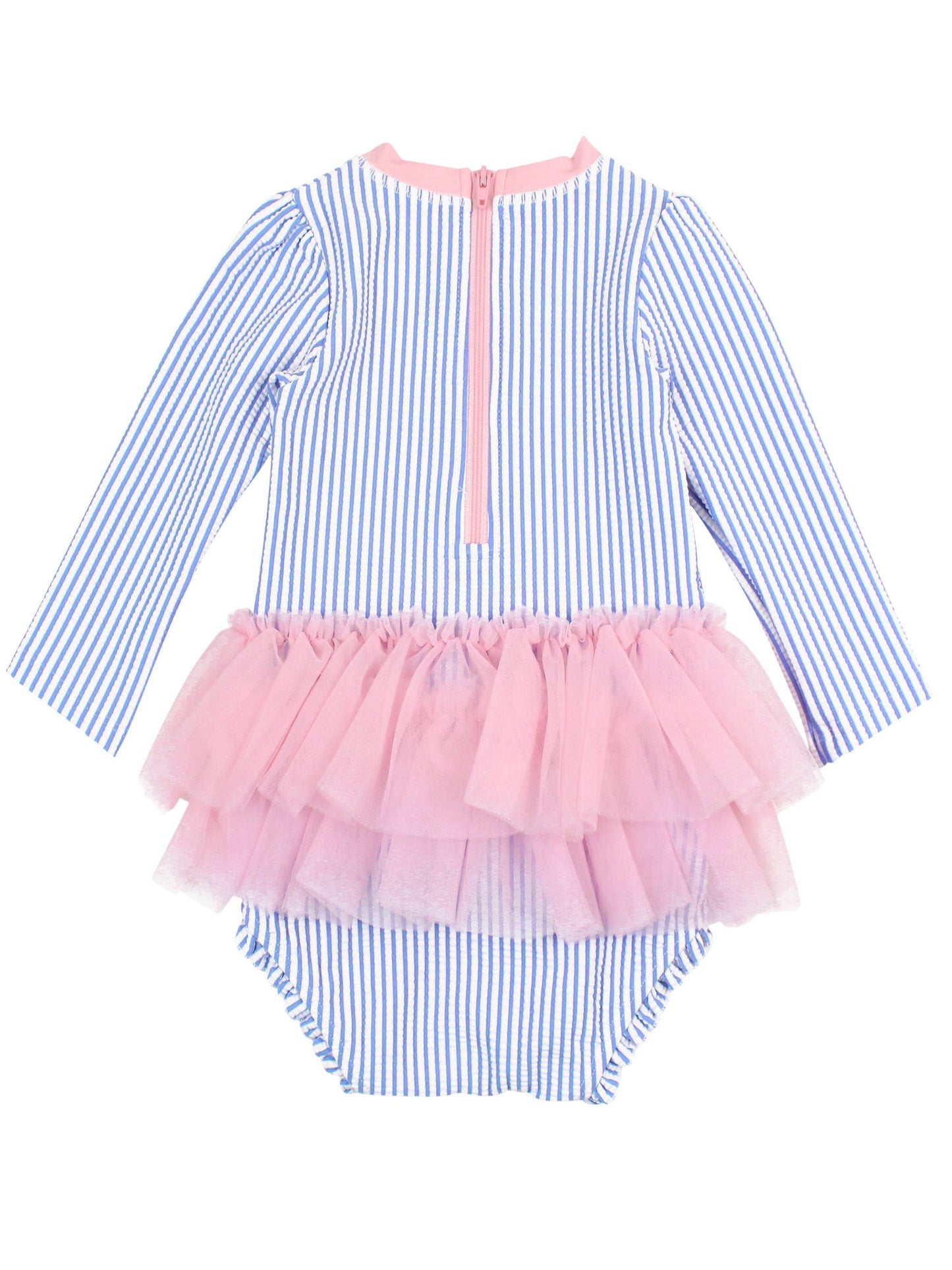 Periwinkle Blue Seersucker Tulle Skirted One Piece Rash Guard