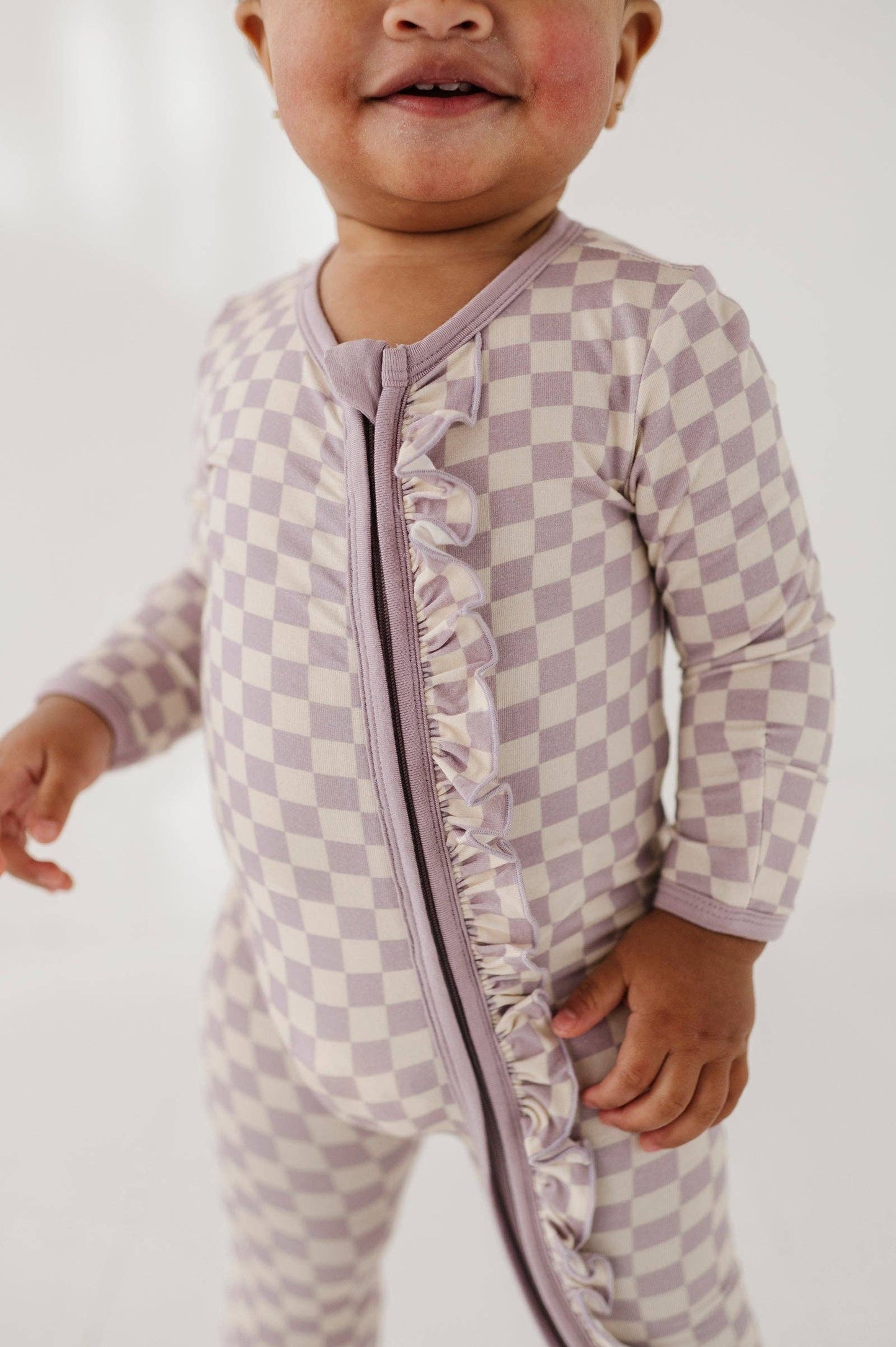 Lavender Cloud Checkered Bamboo Footie Romper