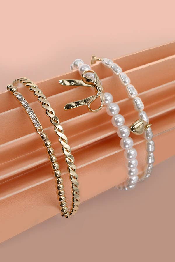 Bow and Pearl Rhinestone Bangle Set