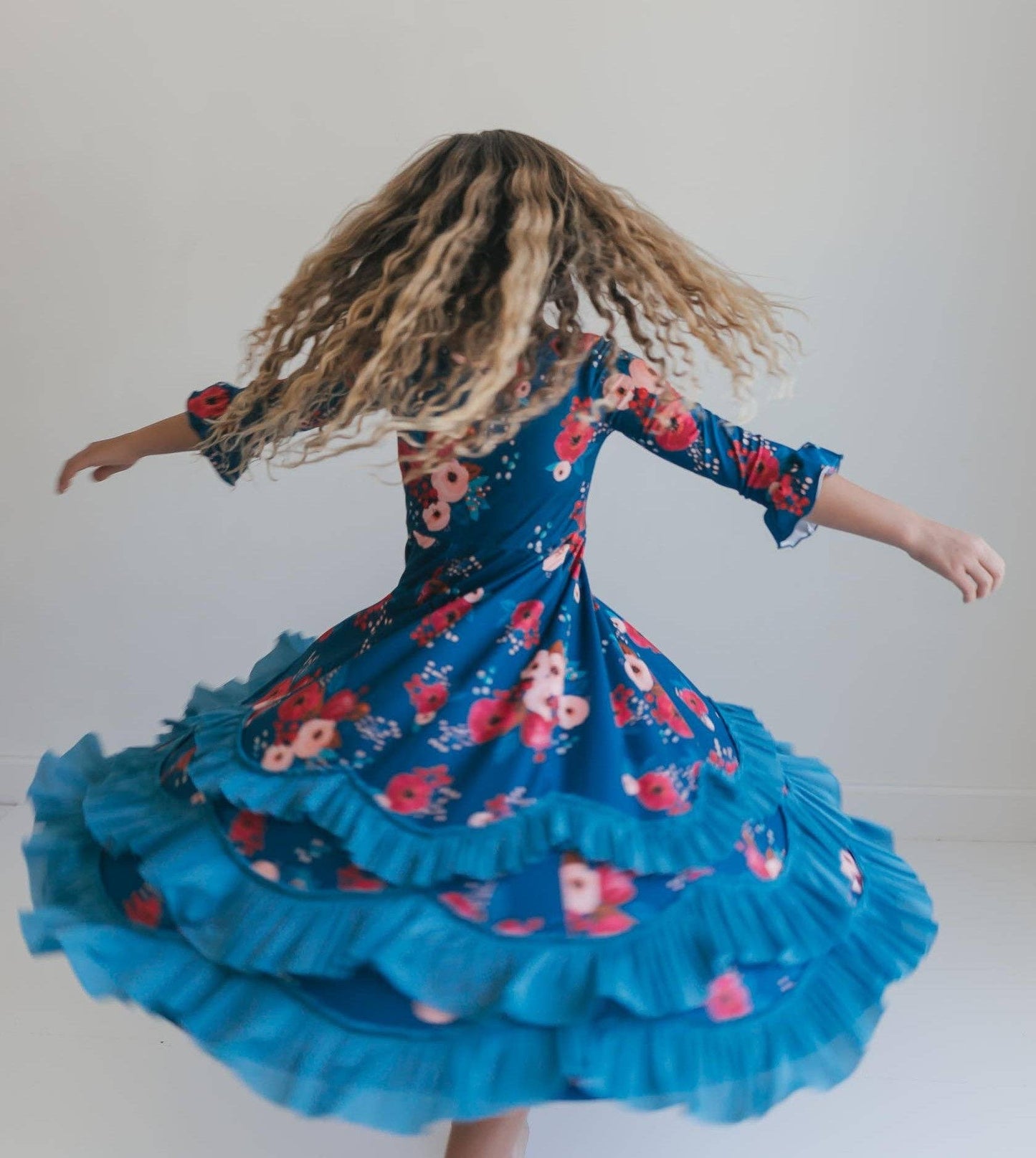 Girls Bella Blue Sapphire & Ruby Garden Twirl Ruffles Dress