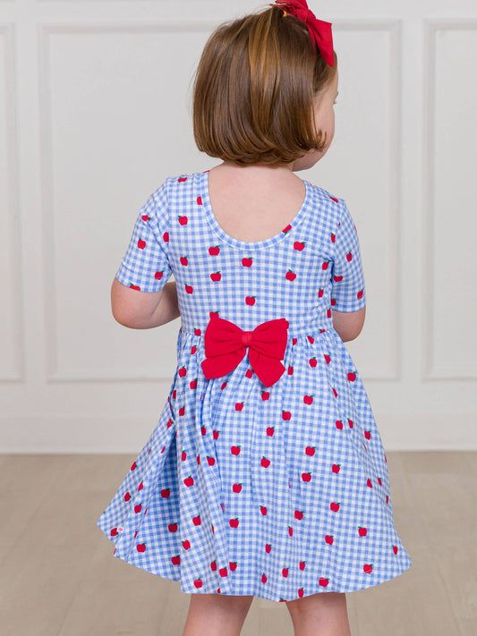 RuffleButts + RuggedButts - Girls Apple Orchard Gingham Short Sleeve Knit Twirl Dress