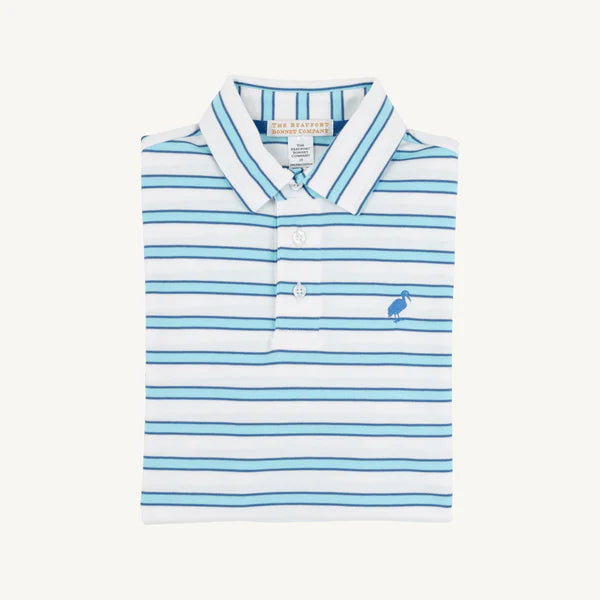 TBBC | Prim & Proper Polo & Onesie - Worth Avenue White, Belhaven Blue, & Wood Boat Blue Stripe with Wood Boat Blue Stork