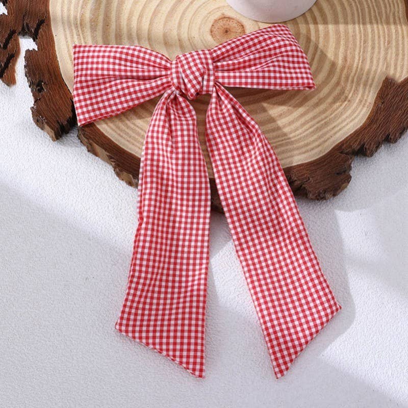 Organza and Red Checkered Bow Ribbon Hair Clips