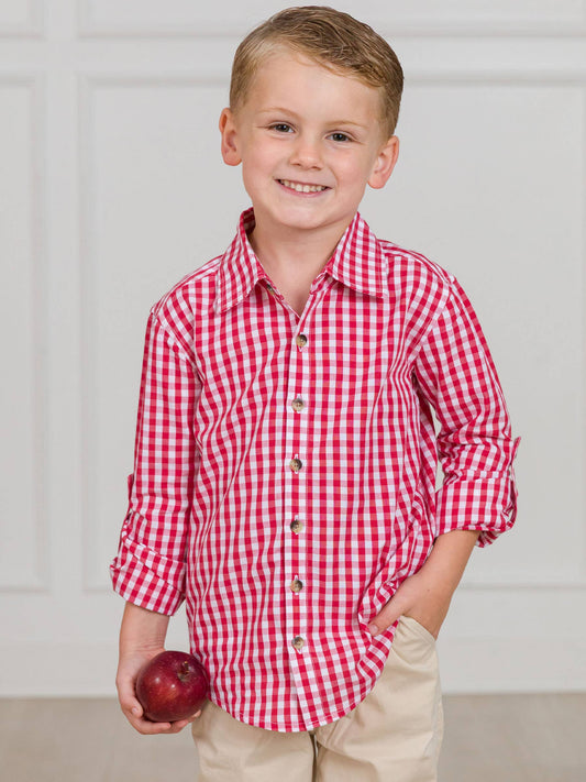 RuffleButts + RuggedButts - Boys Classic Red Gingham Long Sleeve Button Down