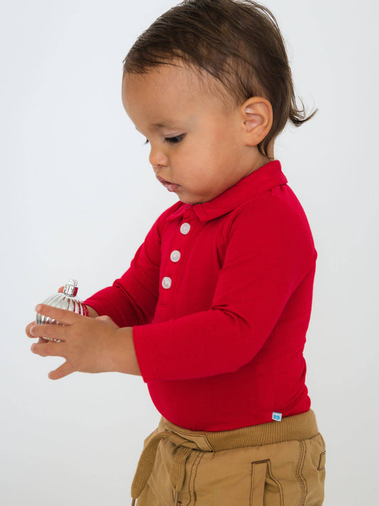 RuffleButts + RuggedButts - Baby Boys Red Knit Polo Bodysuit
