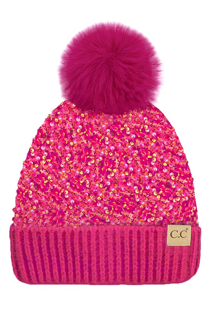 C.C Kids Sequin Fur Pom Beanie