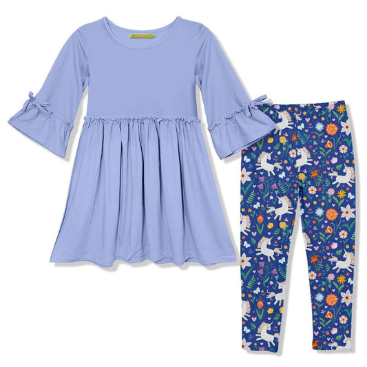 Periwinkle Bow Bell-Sleeve A-Line Dress & Unicorn Prance Leggings
