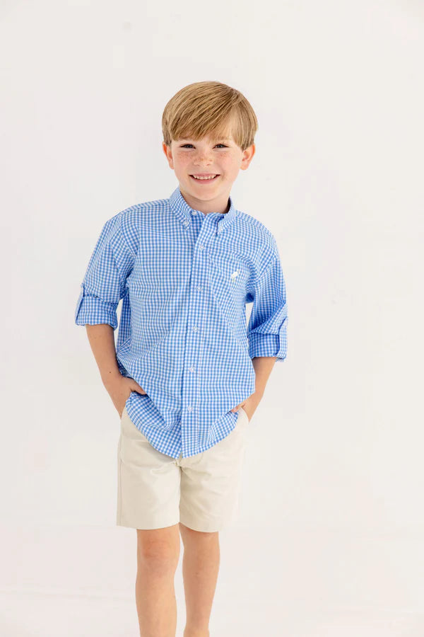 TBBC | Dean’s List Dress Shirt - Sunrise Blvd Blue Mini Gingham with Worth Avenue White Stork