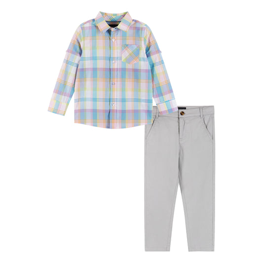 Andy & Evan -  Toddler Plaid Easter Set - Multicolor Plaid with Grey Pants