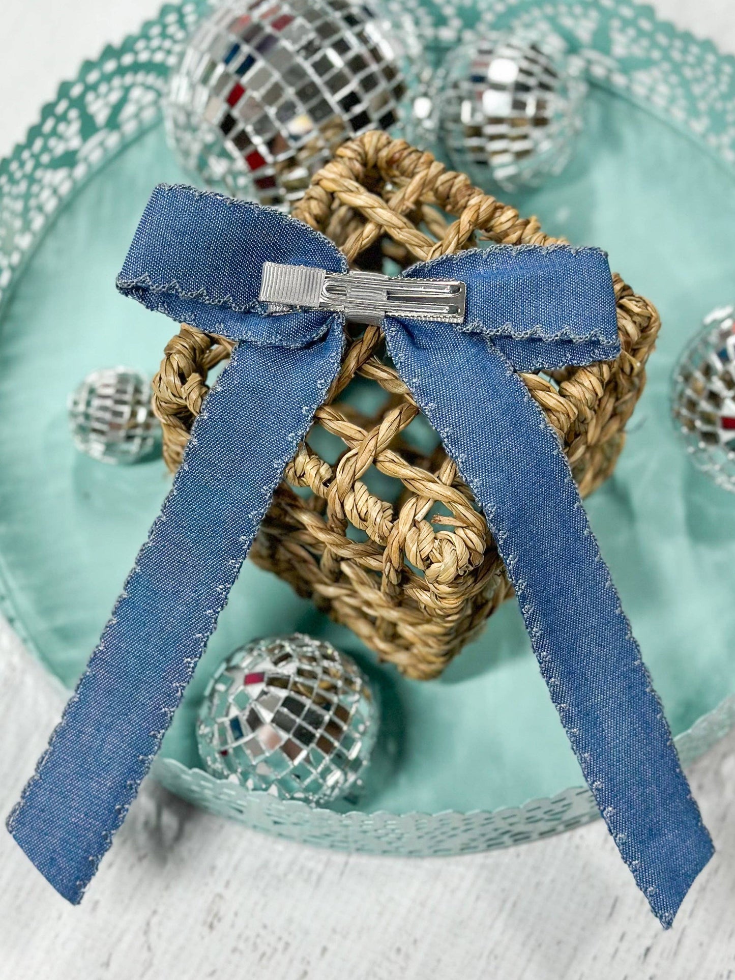 Denim Ruffle Edge Ribbon Hair Bow