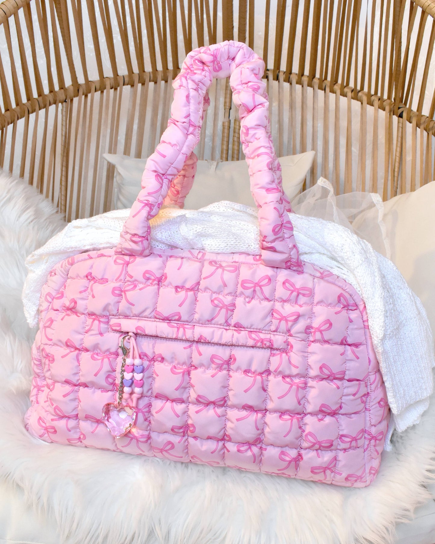 OMG Accessories - Quilted Scrunchies Bow Printed Medium Duffle Bag