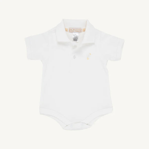 TBBC | Prim & Proper Polo Onesie - Worth Avenue White with Multicolor Stork