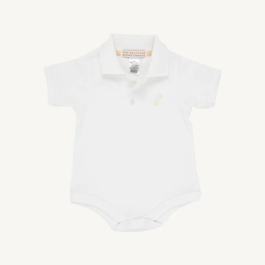 TBBC | Prim & Proper Polo Onesie - Worth Avenue White with Multicolor Stork