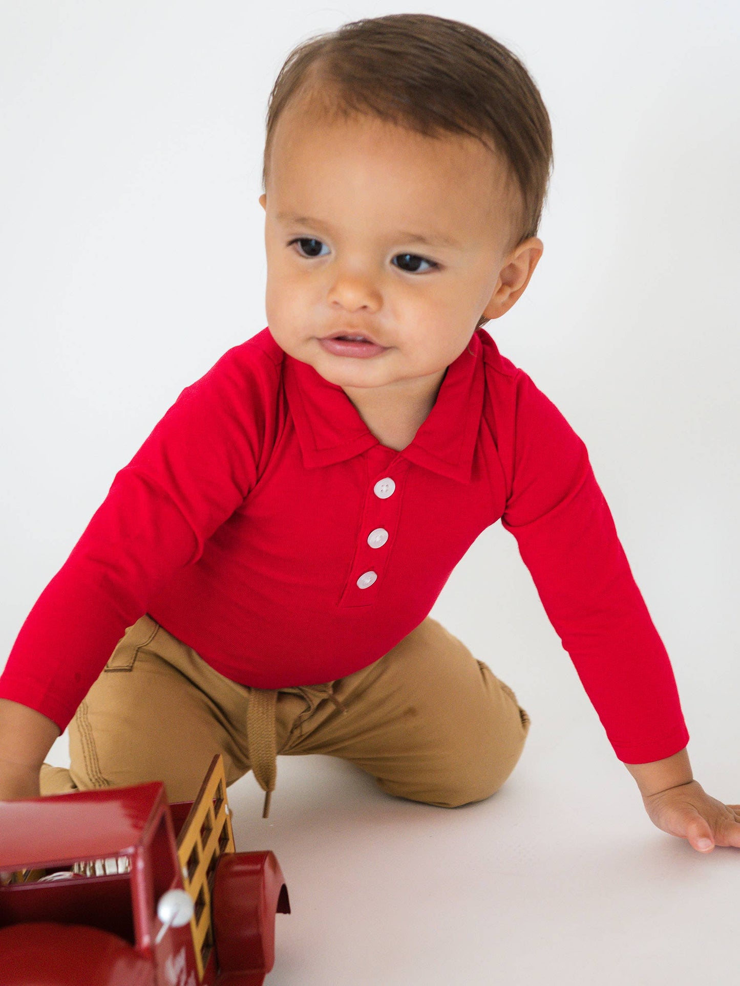 RuffleButts + RuggedButts - Baby Boys Red Knit Polo Bodysuit