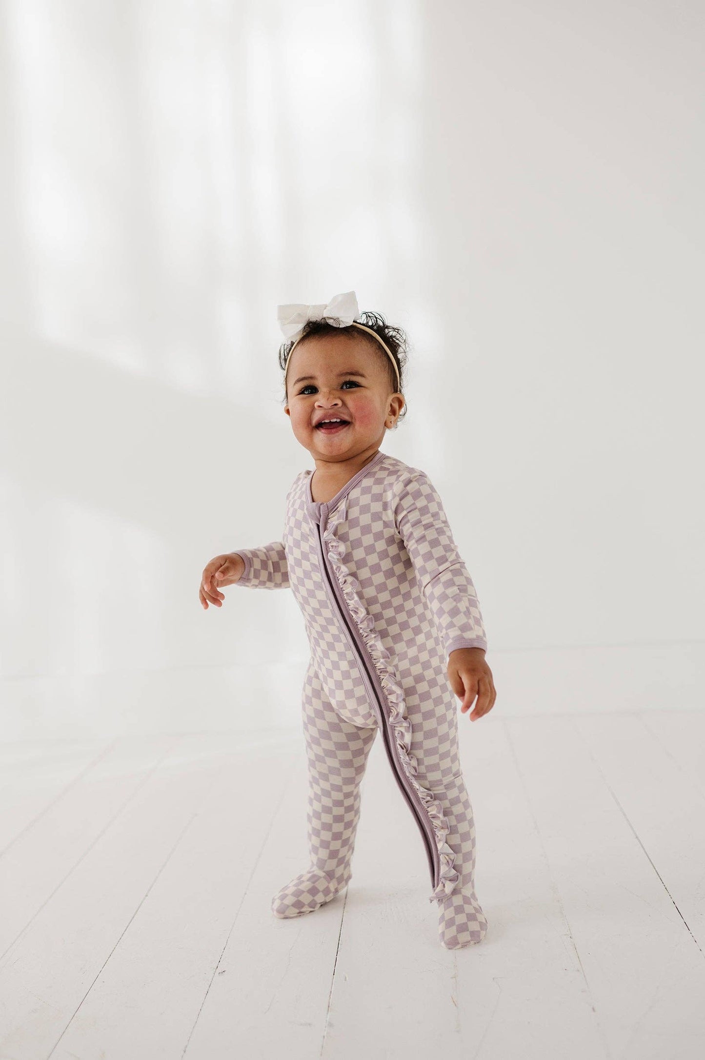 Lavender Cloud Checkered Bamboo Footie Romper