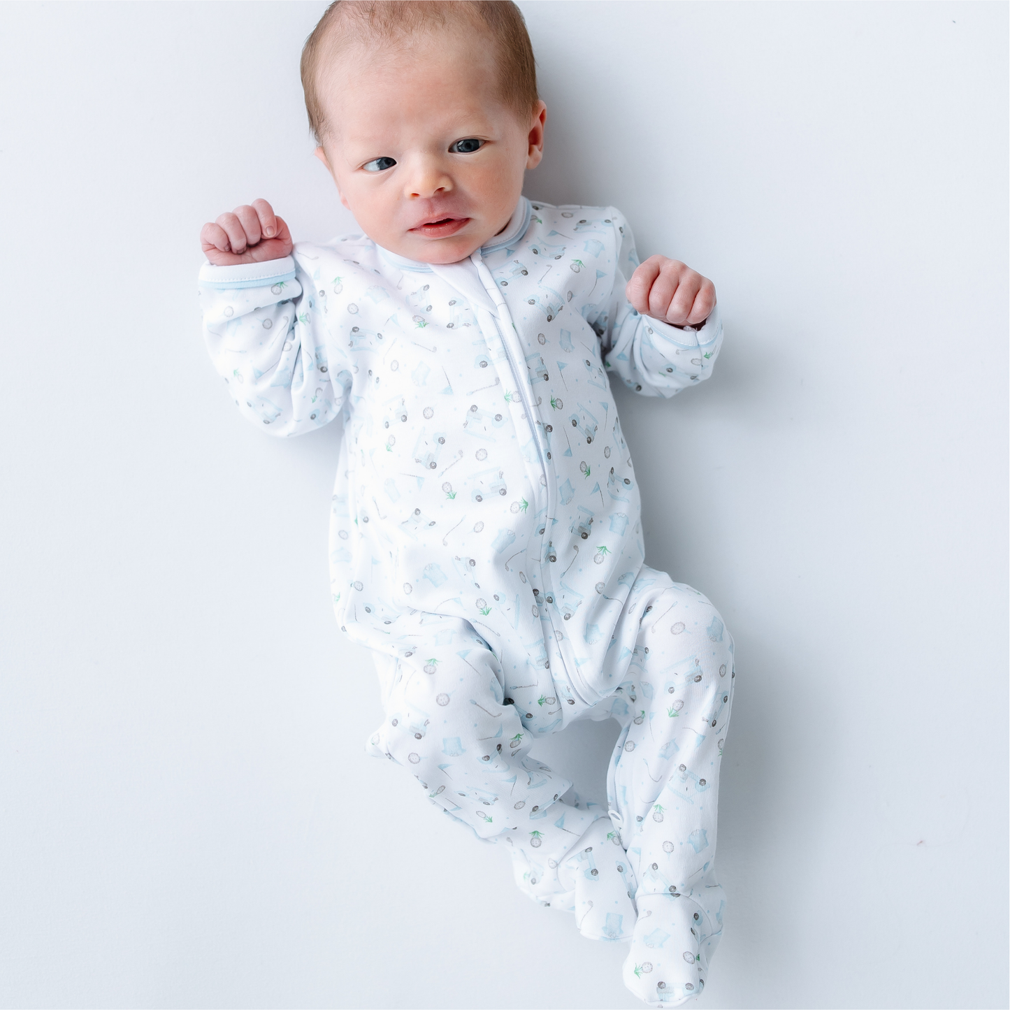 Magnolia Baby | Little Golfer Print Zip Footie - Light Blue