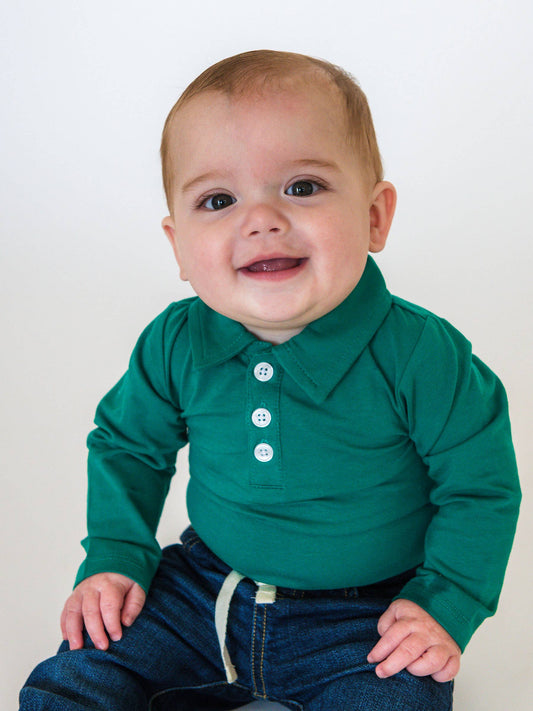 RuffleButts + RuggedButts - Baby Boys Emerald Green Knit Polo Bodysuit