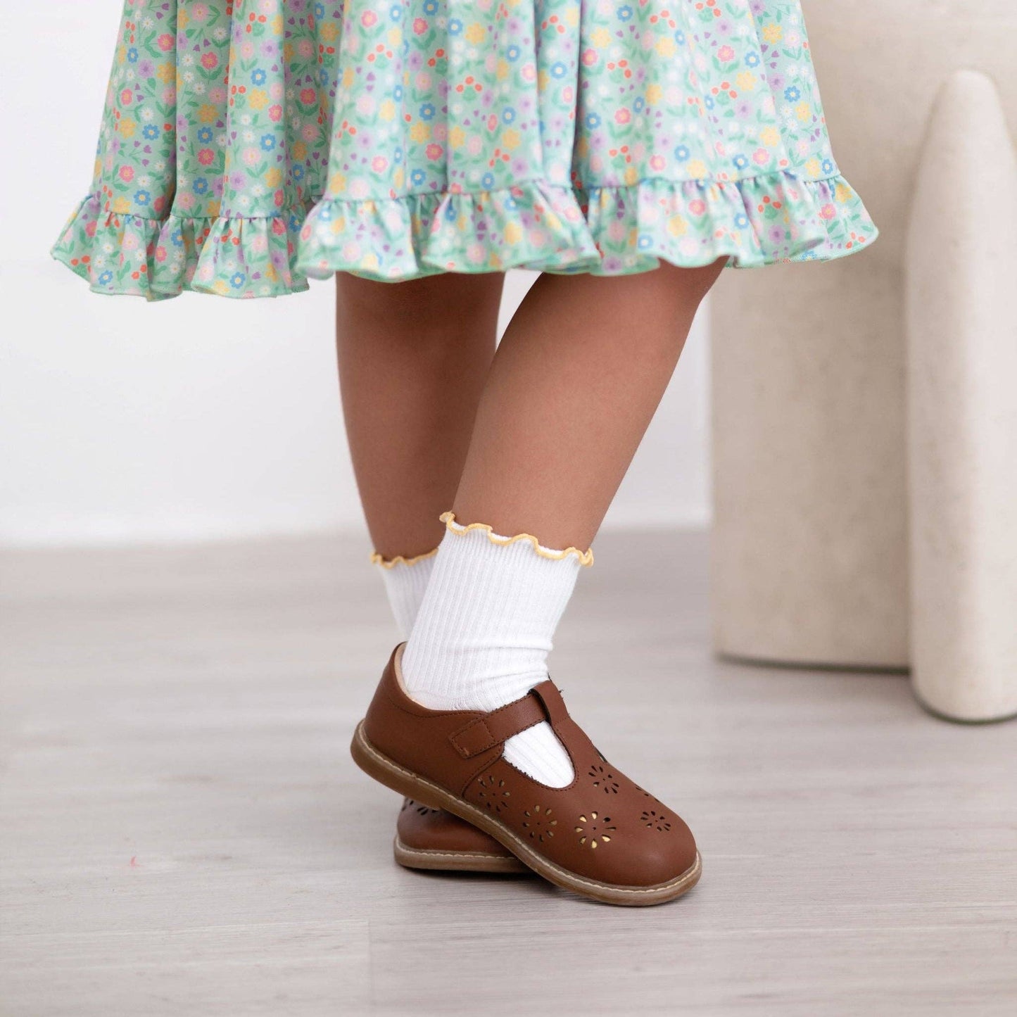 Ribbed Lettuce Trim Midi Socks - White/Sunshine