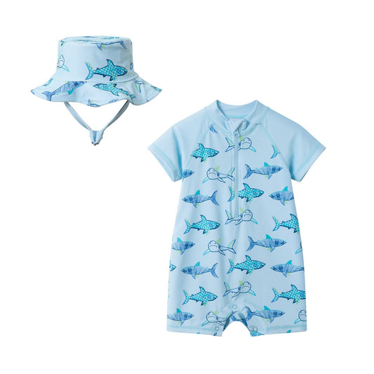 Andy & Evan - Infant Boys Swim Romper W/ Hat | Aqua Shark