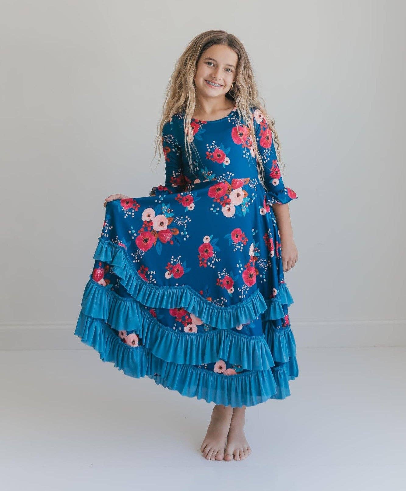 Girls Bella Blue Sapphire & Ruby Garden Twirl Ruffles Dress