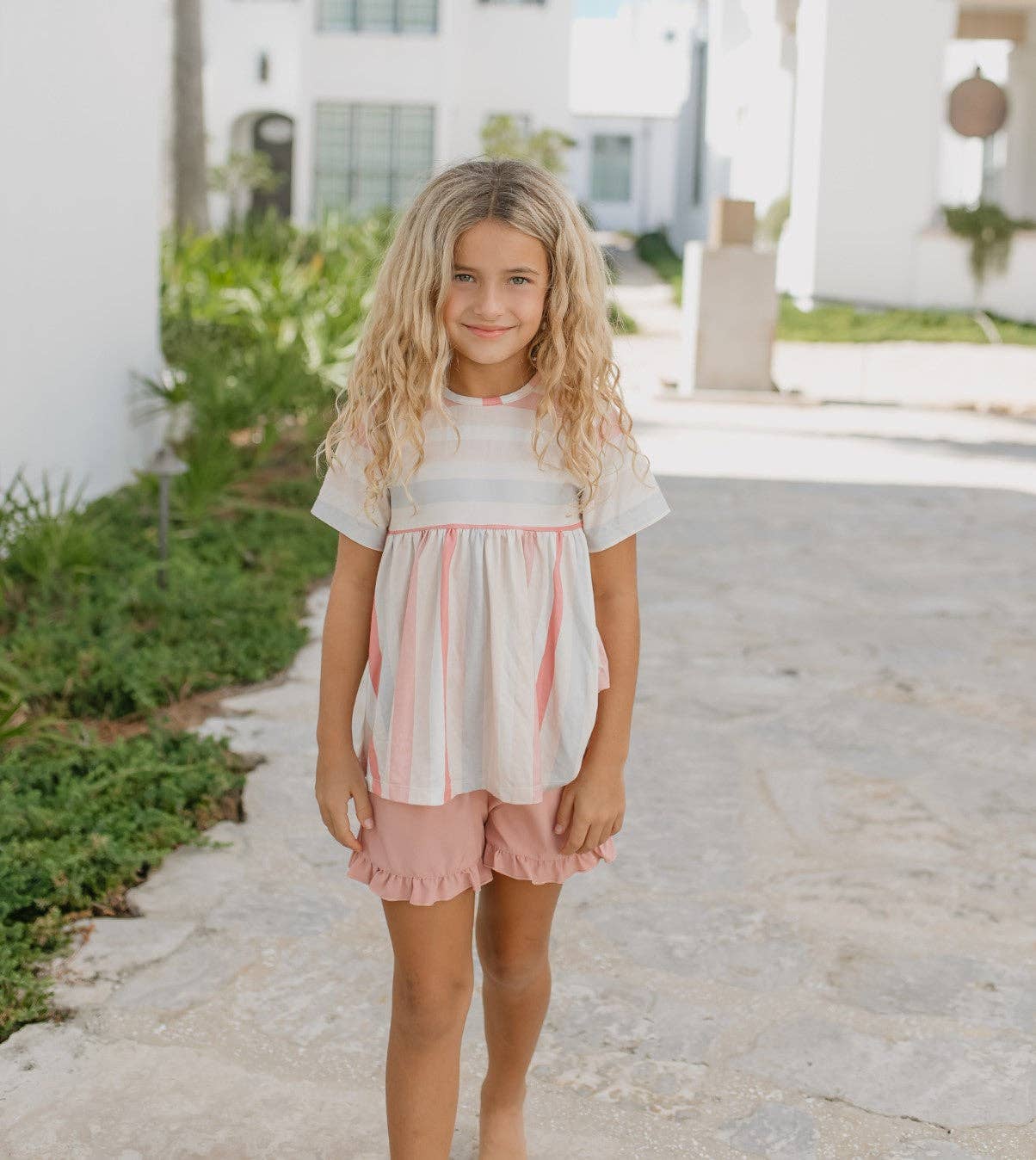 Sand Blush Stripe Ruffle Short Set