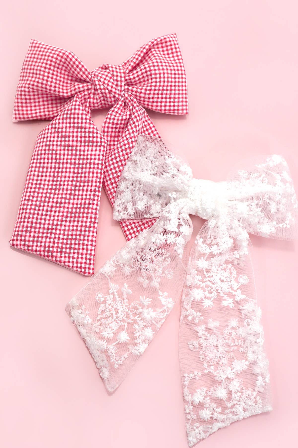 Organza and Red Checkered Bow Ribbon Hair Clips