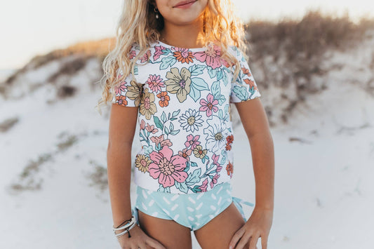 Pink Floral & Mint Sea Print Rash Guard Swimsuit