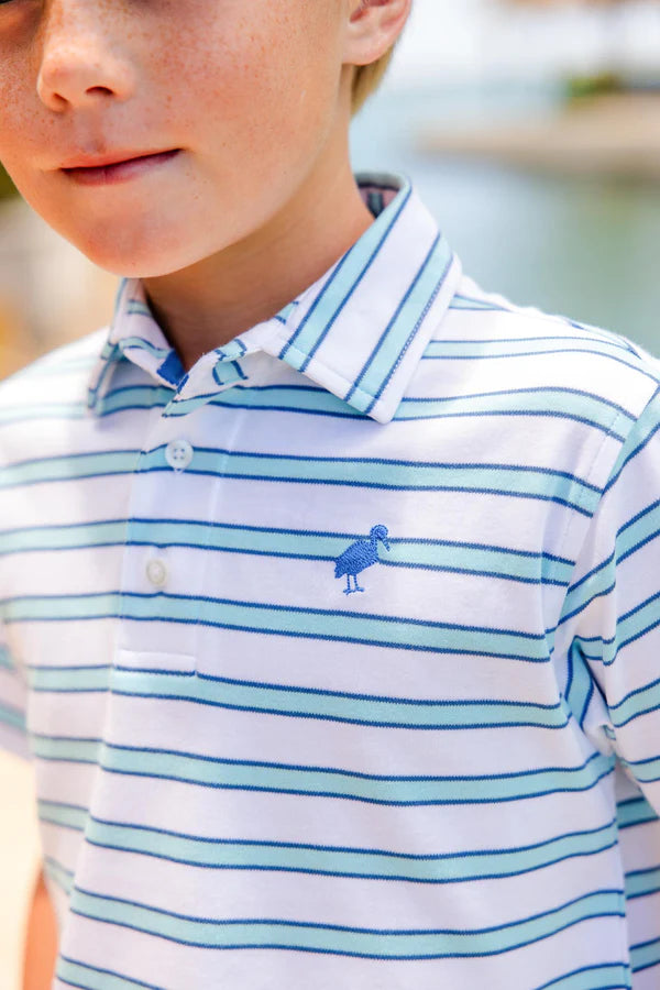 TBBC | Prim & Proper Polo & Onesie - Worth Avenue White, Belhaven Blue, & Wood Boat Blue Stripe with Wood Boat Blue Stork