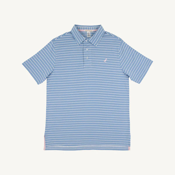 TBBC | Prim & Proper Polo & Onesie - Sumner County Stripe (Sunrise Blvd. Blue) with Palm Beach Pink Stork