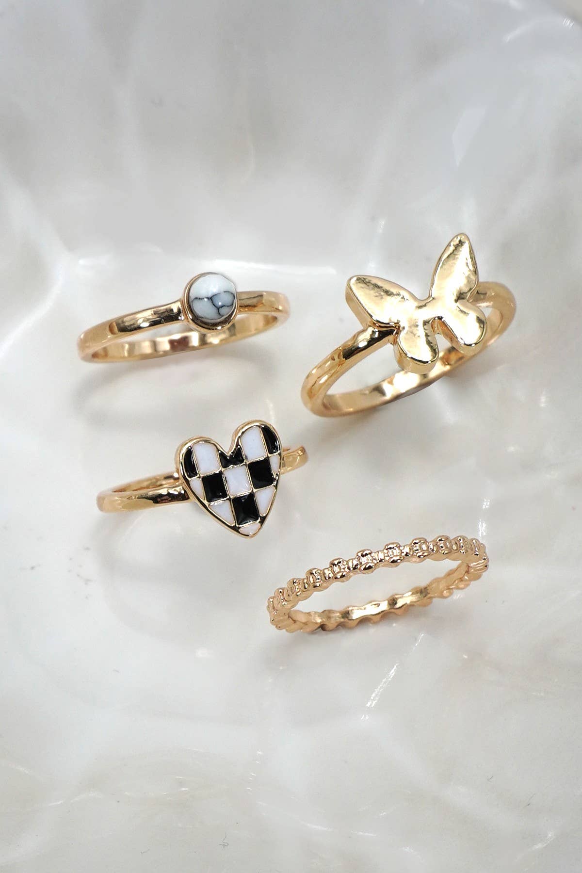Checker Heart Butterfly 4-Ring Set