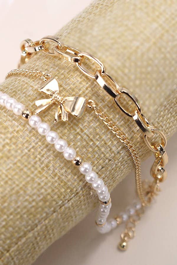 Bow and Pearl Charm Bracelet Set