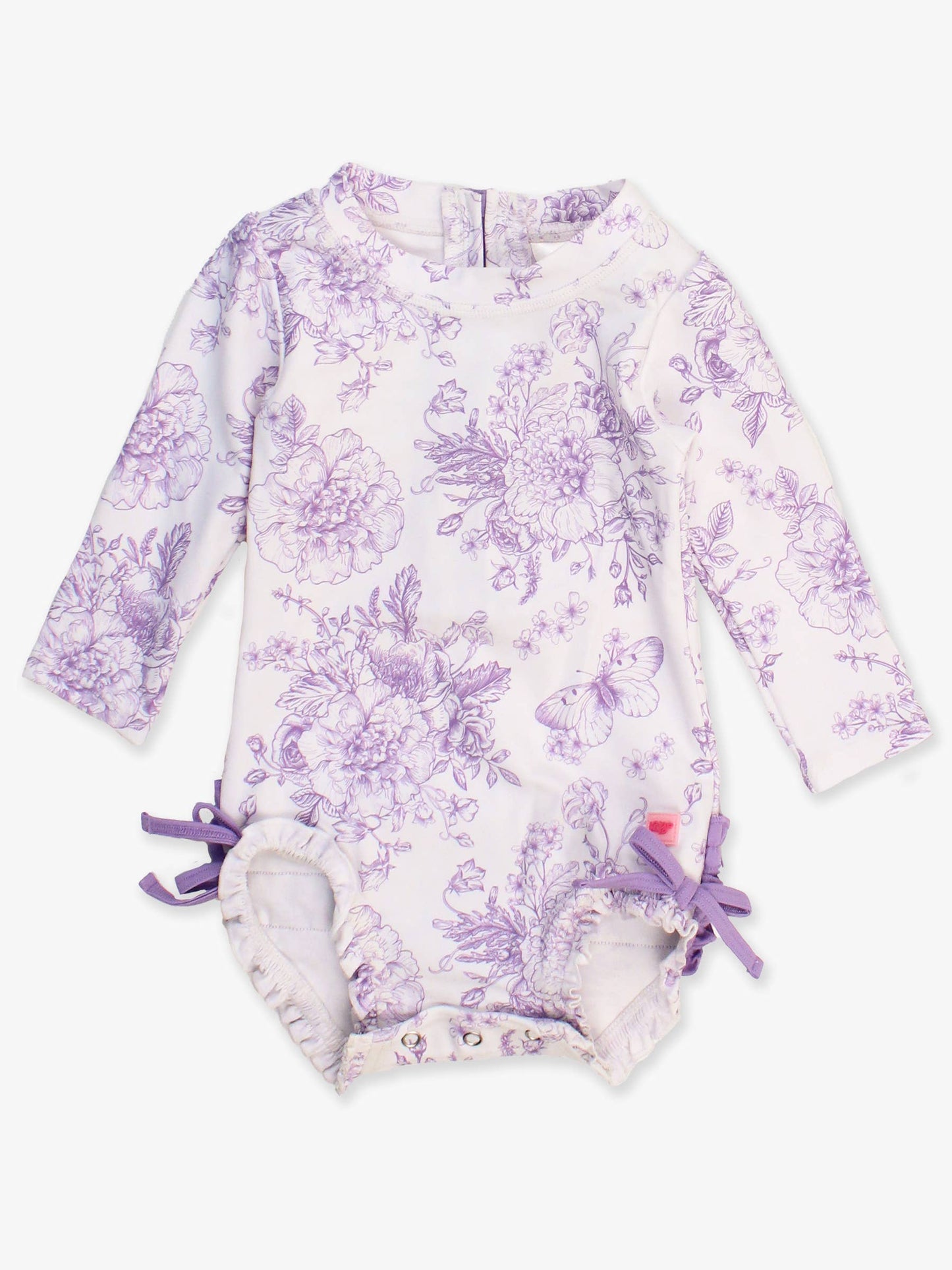 Wisteria Purple Butterfly Garden Toile Long Sleeve One Piece Rash Guard