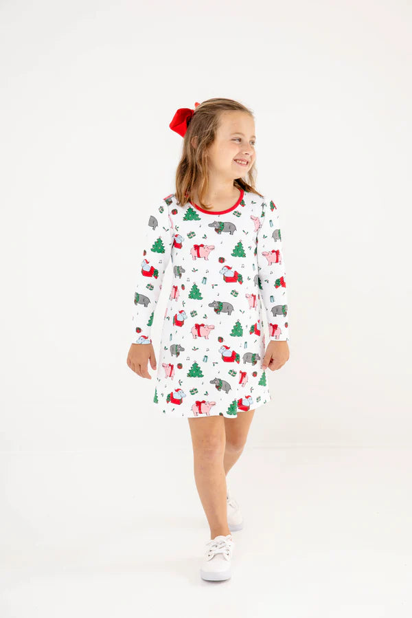 TBBC | Long Sleeve Penny’s Play Dress - I Want a Hippopotamus with Richmond Red