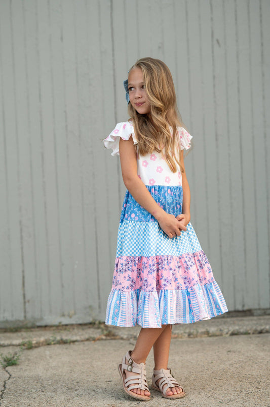 Avery Pink & Blue Floral Tiered Dress
