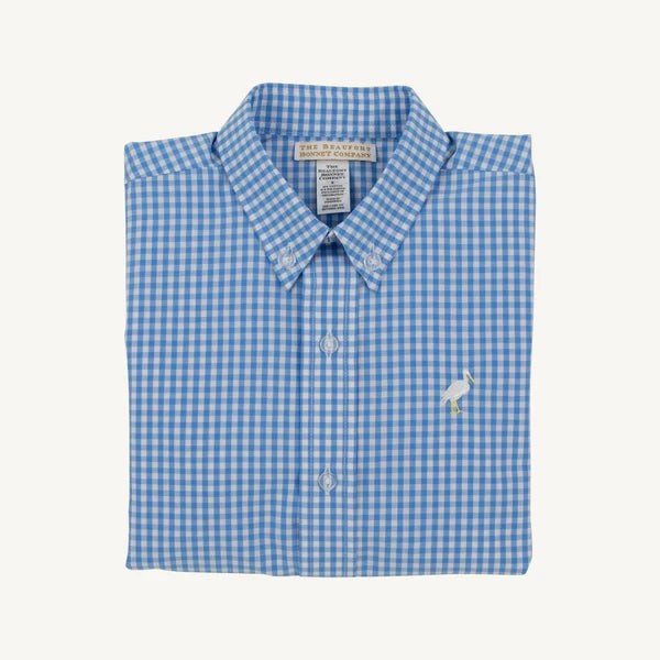 TBBC | Dean’s List Dress Shirt - Sunrise Blvd Blue Mini Gingham with Worth Avenue White Stork