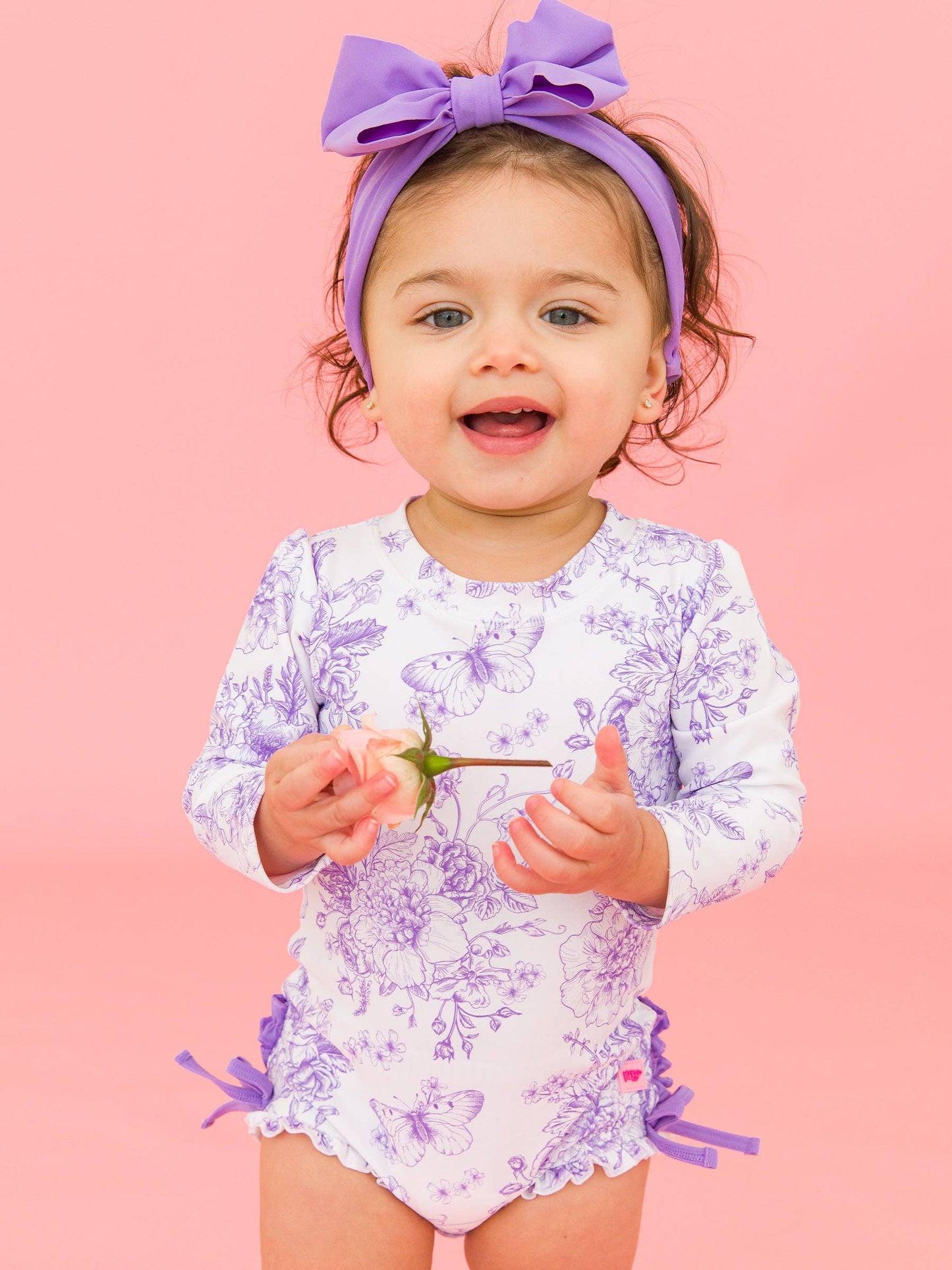 Wisteria Purple Butterfly Garden Toile Long Sleeve One Piece Rash Guard