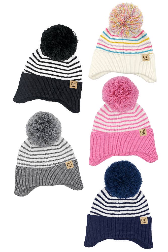 C.C Kids Stripe Earflap Yarn Pom Beanie Winter Hat