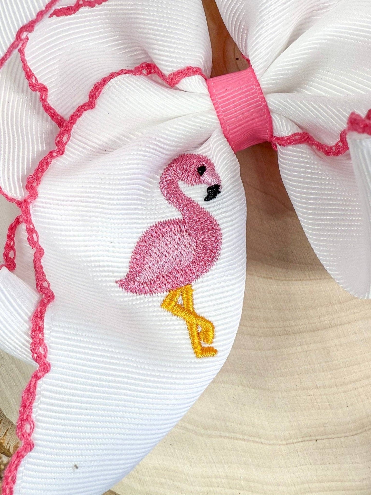 Flamingo Embroidered Moonstitch Hair Bow