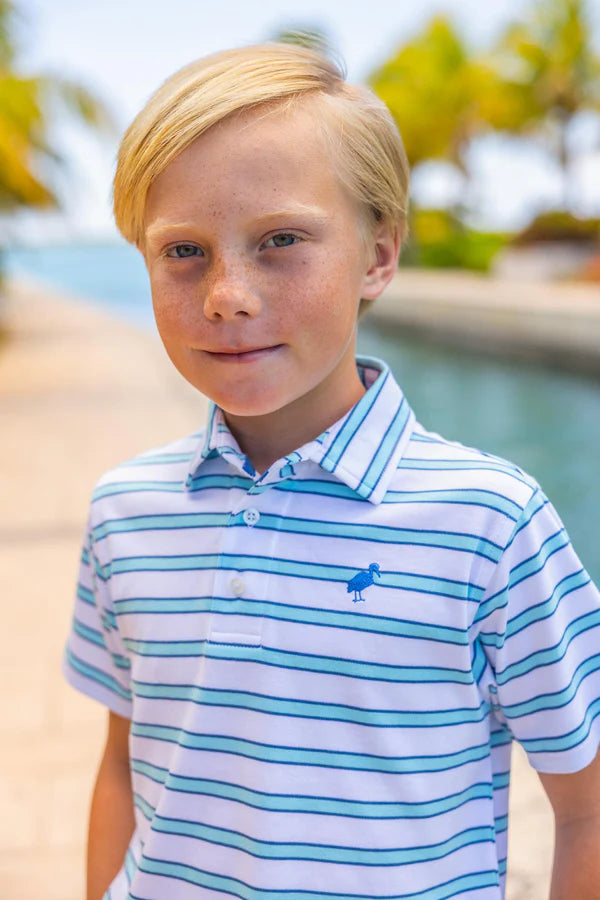 TBBC | Prim & Proper Polo & Onesie - Worth Avenue White, Belhaven Blue, & Wood Boat Blue Stripe with Wood Boat Blue Stork