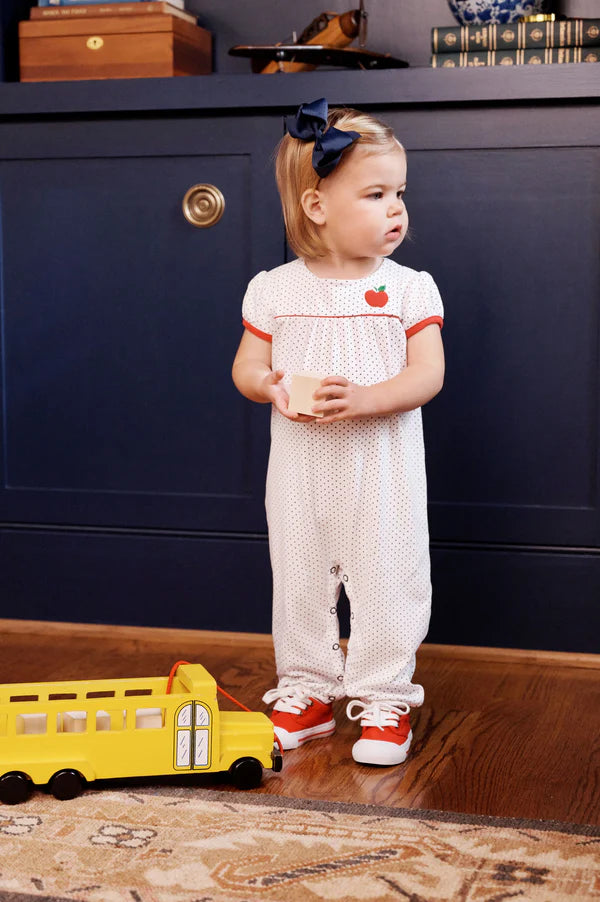 TBBC | Penny’s Playsuit - Nantucket Navy Microdot with Richmond Red and Apple Applique