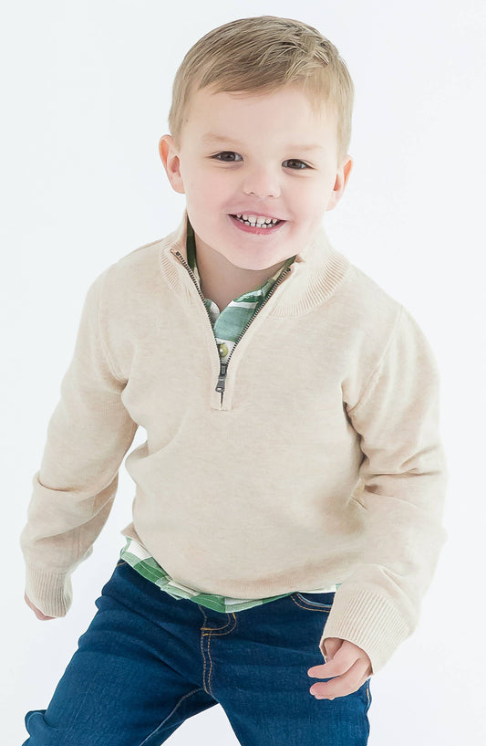 RuffleButts + RuggedButts - Boys Heather Oatmeal Quarter-Zip Sweater